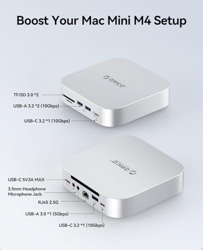 Image of ORICO MiniLink Mac mini M4 Dock & Stand, 2 x 10Gbps USB 3.2 Ports, 10Gbps USB C, USB A 3.0, 2.5G Ethernet Port, SD /TF, 3.5mm Headphone & Microphone Jacks, Compatible with Mac mini M4 /M4 Pro (M48PR)