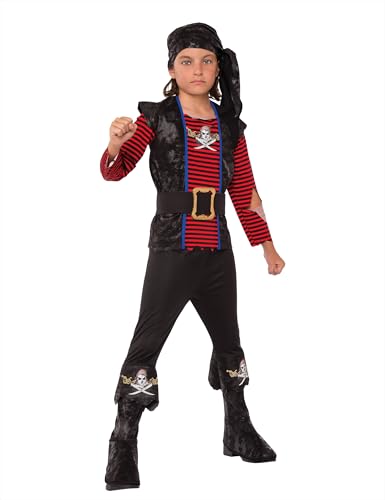 Rubies Disfraz Pirata Bribón para niños, Camisa con chaleco adjunto, pantalón con cubrebotas, pañuelo y cinturón, Talla 8-10 años, Oficial Rubies para Carnaval, Halloween, Cumpleaños y Fiestas