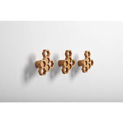 BU Products Honeycomb Wooden Wall Hooks - Set of 3 Wall Mounted Coat Hooks for Hanging Hats, Scarves, Bags, Dog Leads, Towels and More Cover