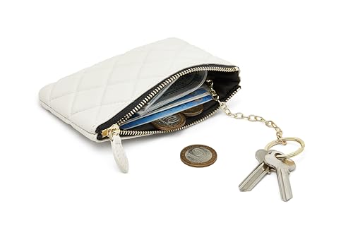Image of DORIS&JACKY Soft Lambskin Leather Coin Purse Small Quilted RFID Blocking Top Zipper Wallet With Key Chain