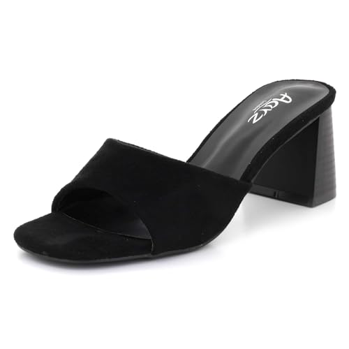 Image of AARZ LONDON Womens Square Toe Block Heel Mule Sandals Suede Slip On Casual Party Everyday Office Work Summer Ladies Black Shoes Size 8 UK 41 EU