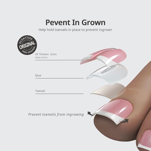 BTArtboxnails XCOATTIPS Toe Nail Tips - Lamp-Curable Sharp Square Pink Press On Toenails for Women, 150 Soak Off French Tip Toe Nail Extensions in 15 Sizes, Builder Gel & Top Coat Required