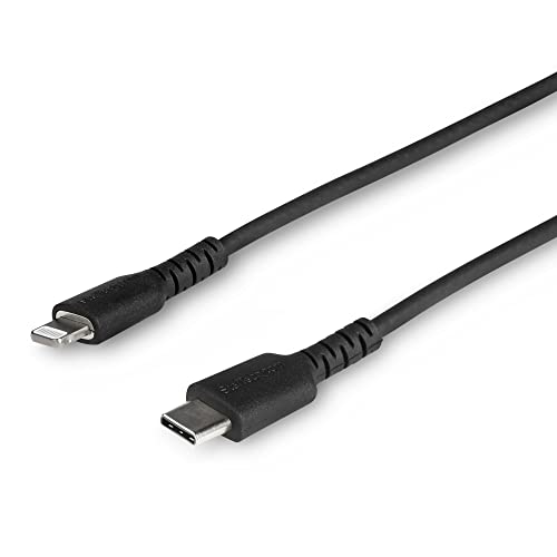 Image of StarTech.com 3 Foot (1m) Durable Black USB-C to Lightning Cable - Heavy Duty Rugged Aramid Fiber USB Type A to Lightning Charger /Sync Power Cord - Apple MFi Certified iPad /iPhone 12 (RUSBCLTMM1MB)
