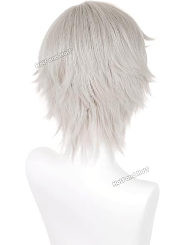 Image of Half and Half Atsushi Cosplay Wig Short Light Gray Blonde Anime Wigs for Men Platinum Blonde Wig with Bangs + Black Hairpiece for Halloween Party Daily Women Unisex