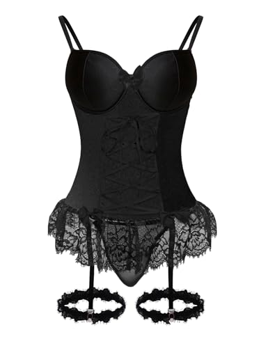 Image of Foxiny Sexy Mesh Corset Ruffle Lace Up Underwire Sheer Garter Belt Babydoll Lingerie Set With Thong 3 Piece Women