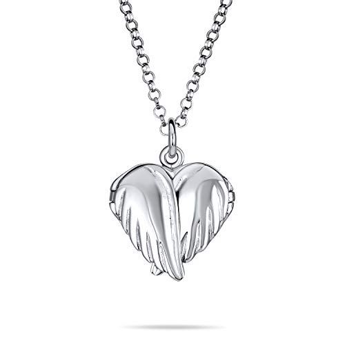 Collar de plata 925 pulida y oxidada con relicario de corazón y ala de ángel tallada