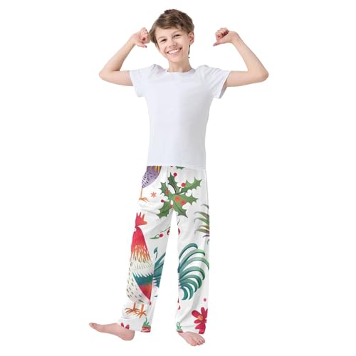 ZZXXB Xmas Rooster Holly Leaves Boys Long Pants Soft Trousers Elastic Waist Kids Lounge Bottoms with Pockets S-XL2
