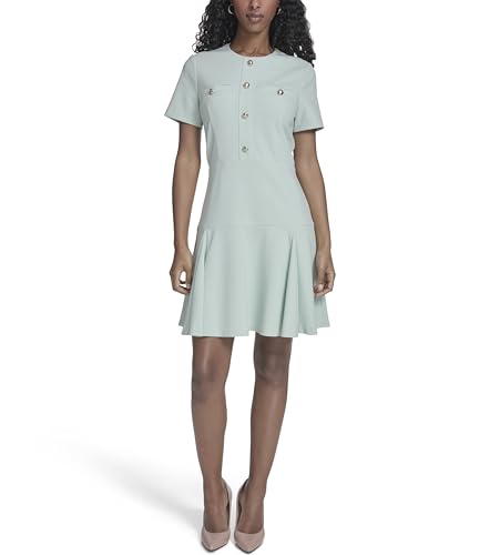 Image of Tommy Hilfiger Women's Short Sleeve Button Front Sparkle Boucle Knit Fit and Flare Mini Dress