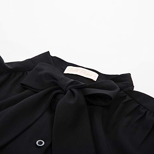 Women's Vintage Bow Tie Neck Bishop Sleeve Black Chiffon Blouse Top,Black,L #TOP3