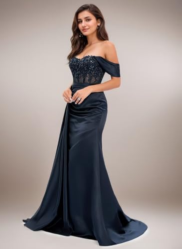 Off The Shoulder Prom Dresses for Women Lace Applique Bridesmaid Dress A-Line Formal Evening Party Gown Slit3