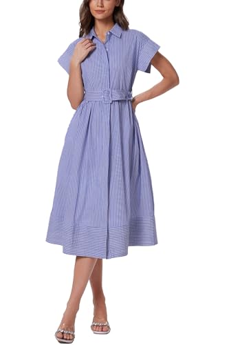Image of Ladyful Women Casual Button Down Shirt Dress Short Wing Sleeve Buiness Midi Shirt Dress with Belt Elegant Dress