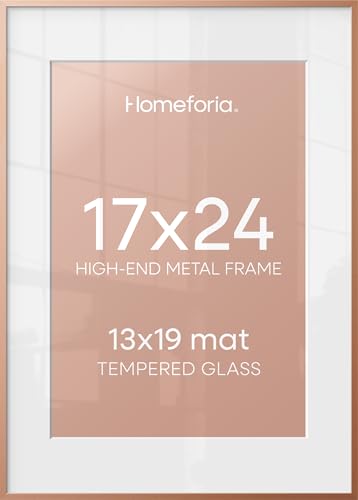 Image of Homeforia 17x24 Picture Frame Rose Gold, High End Metal 17x24 Poster Frames with Mat 13x19 Photo, 17 x 24 Rose Gold Frame Matted to 13 by 19 Print, 24x17 Thin Frame, Tempered Glass, Wall Kit, Set of 1