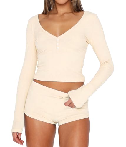 Image of INFITTY Womens Sexy Vneck 2 Piece Sets Casual Long Sleeve Button Short Pajama Outfit 2026 Trendy Crop Top Nightwear