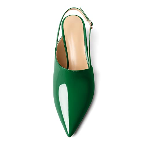 AUMOTED Women Green Slingback Heel Pumps Dating Block Mid Heels Pointed Toe Solid Chunky Pumps Party 2.5 Inch Dress Shoes Patent Leather Green US Size 104