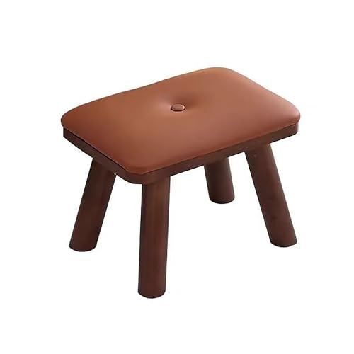 Pouf Ottoman en Bois Massif et Cuir, Petit Banc Rembourré Élégant pour Salon
