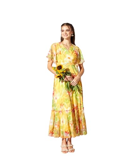 Image of Miss Chase Women's Floral V-Neck Flutter Sleeve Wrap Chiffon Maxi Dress