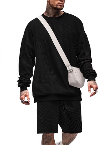 Mens 2 Piece Outfits Crewneck Sweatshirt Geometric Texture Long Sleeve and Joggers Shorts Sweatsuit Sets Tracksuit