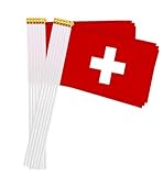 25 Packungen kleine Schweiz Flaggen auf Handheld Stick, Miniatur Schweizer Flagge für draußen, 4x6 Zoll Mini Handheld Banner mit goldenen Topper, patriotische Dekorationen(Switzerland)