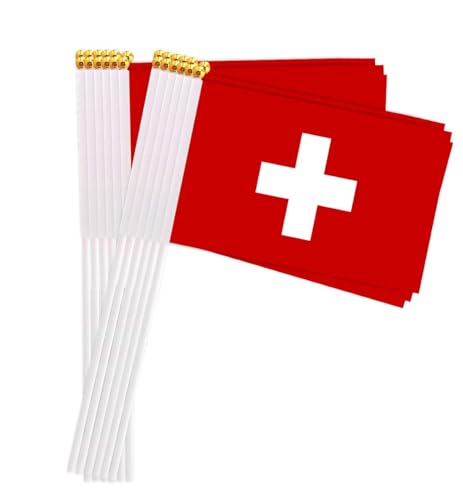 25 Packungen kleine Schweiz Flaggen auf Handheld Stick, Miniatur Schweizer Flagge für draußen, 4x6 Zoll Mini Handheld Banner mit goldenen Topper, patriotische Dekorationen(Switzerland)