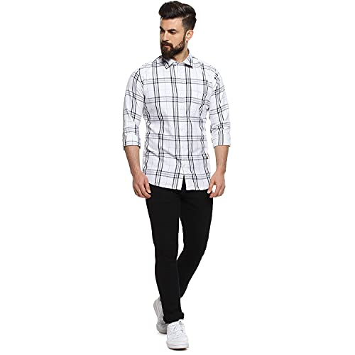 Image of Campus Sutra Cahoot Men's Checkered Regular Button Down Shirt (CT SUMR21SHRT PNCHK34 M PLN WHBU M White:Blue M)