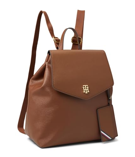 Tommy Hilfiger Gia II Gifting Hang Tag Medium Envelope Flap Backpack w/Hangoff-High Shine Saffiano PVC Cognac One Size