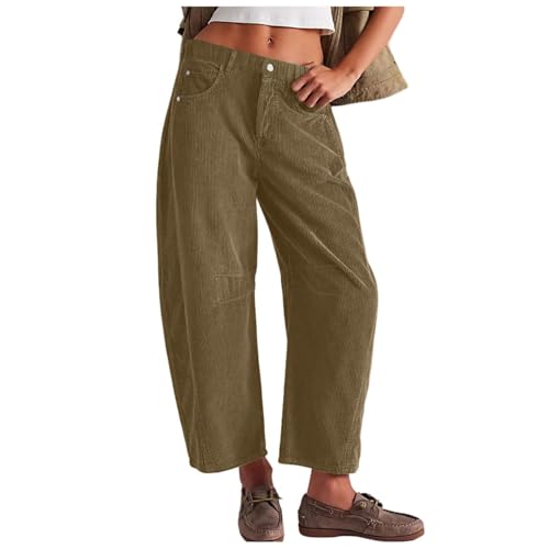 Womens Corduroy Pants Barrel Baggy Mid-Rise Elastic Waist Winter Pants Petite Casual Wide Leg Pants with Pockets