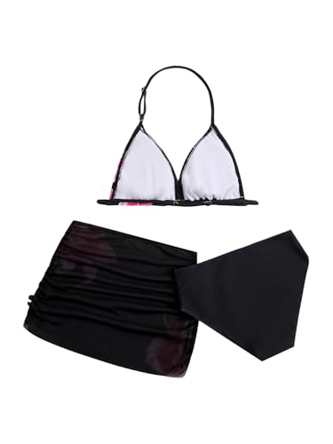 Image of RoseSeek Girl's 3 Piece Cute Bowknot Bathing Suit Halter Triangle High Waisted Swimsuit with Beach Cover Up Skirt