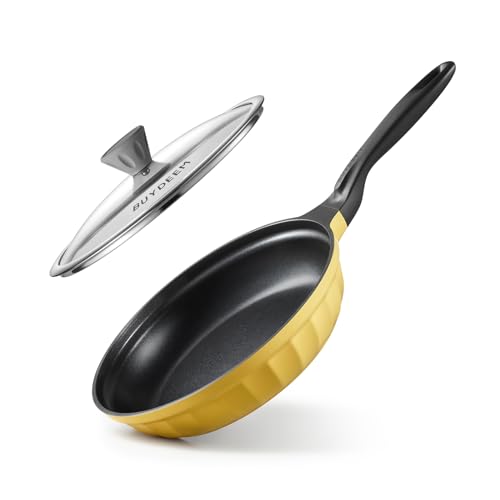 BUYDEEM Cast Aluminum Non Stick Frying Pan 10.2 Inch, Rapid Even Heating Skillet with Glass Lid, All Stovetops Compatible, No PFOA/PFAS Egg Pan with Cool Handle, Cheflite Series CP151 Mellow Yellow