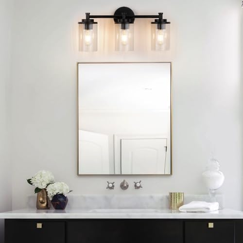 Image of 3-Light Bathroom Light Fixtures, Black Vanity Light with Clear Glass Shade, Modern Bathroom Lighting Fixtures Over Mirror, 19 inch Bathroom Vanity Light for Mirror Bedroom Hallway