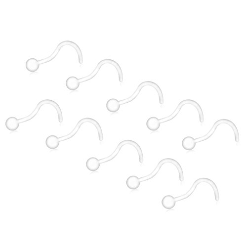 Ruifan 10pcs Clear Bioflex Nose Ring Stud Retainer Body Jewelry Piercing 20 Gauge 2 mm Top Retainer, Metal Free, Allergy Free