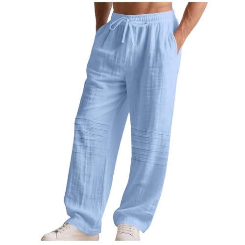 Mens Cotton Linen Pants Drawstring Waist Straight Leg Baggy Beach Pants Lightweight Breathable Vacation Trousers