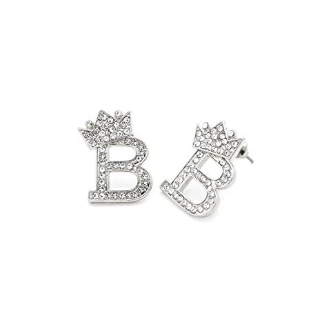 Fashion 21 Unisex Crown Tilted Initial Alphabet Letter Pierced Post Stud Earring Gold, Silver Tone (B - Silver) Cover