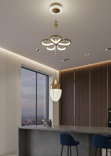 Image of swanart Florilight Modern Crystal Glass Ceiling Light with 3-in-1 Color Changing LED, Adjustable Height (75cm-110cm), Elegant Gold Finish for Home & Office Decor