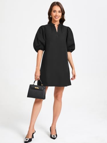 Image of EZAPINE Women Babydoll Mini Dress Summer Casual Cotton V Neck Puff Lantern Sleeve Loose A Line Cute Dress