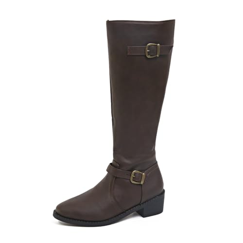 Women's Knee High Boots Stretchy Fashion Riding Boot Flat Low Chunky Heel Buckle Strap Winter Motorcycle Shoes