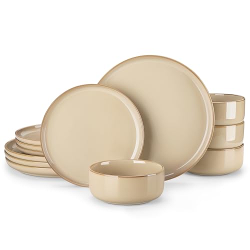 vancasso PLAYA Plates and Bowls Sets,12 Pieces Brown Dinnerware Sets for Kitchen, Reactive Glaze Dishes Set for 4, Dishwasher and Microwave Safe