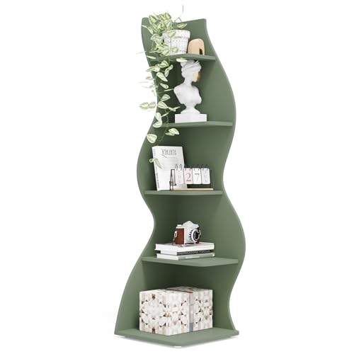 Tribesigns Corner Shelf, Modern 5-Tier Wall Corner Bookshelf, Stylish Corner Small Bookcase Storage Rack Plant Stand with Unique Shape for Living Room, Home Office (Sage Green, 1PC)