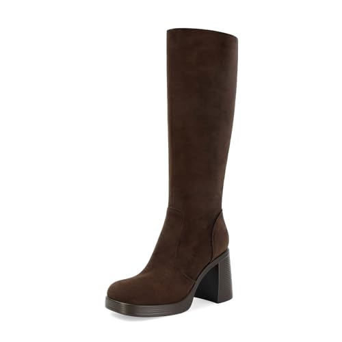 SOVANYOU Black Leather Boots Platform Boots for Women Fashion Square Toe Chunky Block Heeled Boots Side Zip