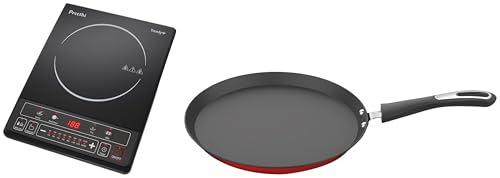 Image of Preethi Trendy Plus 116 Induction Cooktop, 1600-Watt Electric Stove, Soft Touch Button (Black) with Preethi Dura Non Stick Tawa 28cm