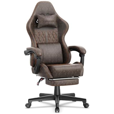 Ferghana Vintage PU Leather Gaming Chair, High Back Gamer Chair with Massage, Ergonomic Computer Office Chair with Footrest for Adults, Racing Style Reclining Video Game Chair Brown Cover