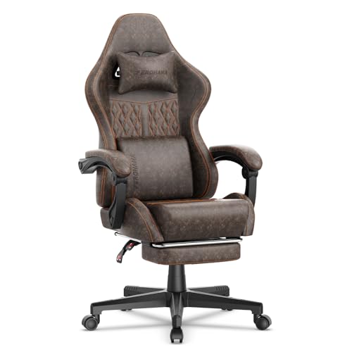 Ferghana Vintage PU Leather Gaming Chair, High Back Gamer Chair with Massage, Ergonomic Computer Office Chair with Footrest for Adults, Racing Style Reclining Video Game Chair Brown