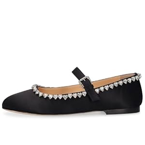 Women’s Retro Round Toe Ballet Flats Cute Heart Shaped Rhinestone Chain Dressy Mary Jane Flats Adjustable Starp with Buckle Wedding Prom Office Flat Shoes for Women