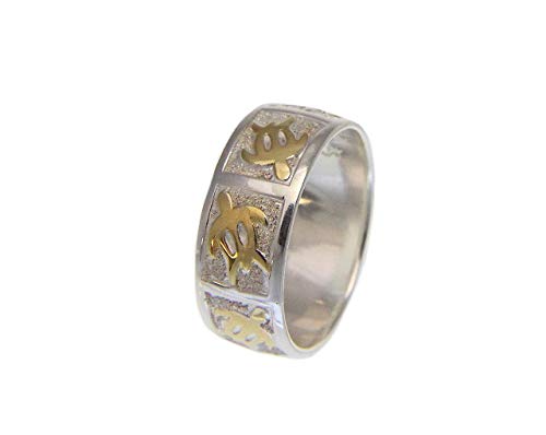 Arthur's Jewelry 925 sterling silver yellow gold plated 2 tone Hawaiian honu turtle 8mm band ring size 3-14