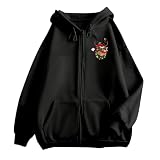 hoodie damen, Weihnachten Hoodie Damen Sweatjacke Lustige 3D Druck Weihnachtspullover Kapuzenjacke Oversize Casual Zipper Sportjacke Leichte Weihnachts Kapuzenpullover Sweatshirt Jacke Schwarz XXL