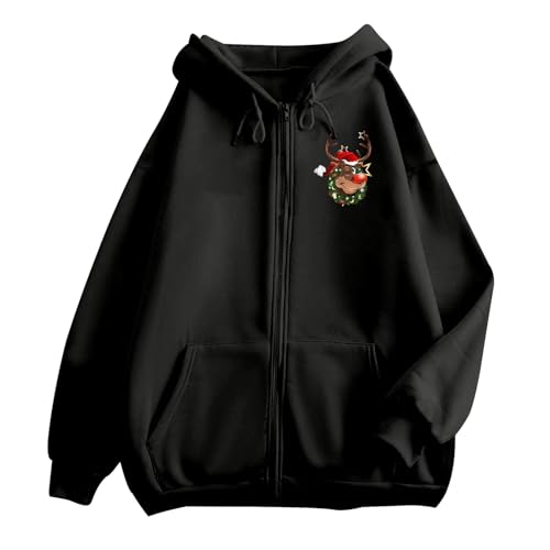 hoodie damen, Weihnachten Hoodie Damen Sweatjacke Lustige 3D Druck Weihnachtspullover Kapuzenjacke Oversize Casual Zipper Sportjacke Leichte Weihnachts Kapuzenpullover Sweatshirt Jacke Schwarz XXL