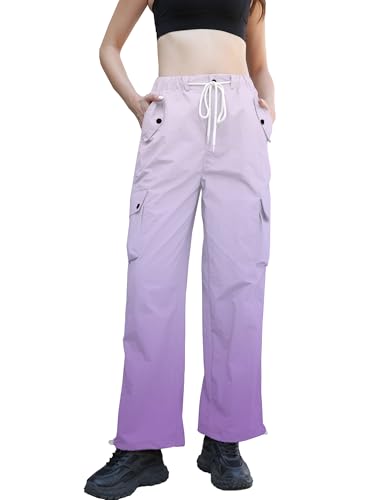 Image of Betusline Girls & Women's High Waist Wide Leg Cargo Pants Y2K Parachute Pants with Pockets and Drawstring 6 Years-Women 2XL
