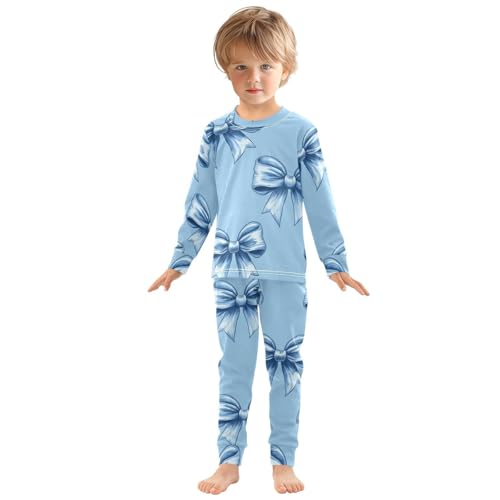 Pajama Sets Long Sleeve Blue Ribbon Bow Pattern Soft Comfy Sleepwear 2 Piece PJS 3-8T2