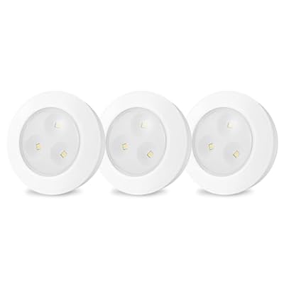 LUXSWAY LED Puck Light, Ultra-Thin Touch Lights, Battery Operated, Tap Lights, 60 Lumens, Stick on Lights, Under Cabinet Lighting, Ideal for Kitchen Cabinets, Closets, Garage and More, 3-Pack, White