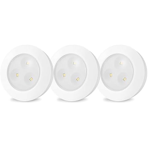LUXSWAY LED Puck Light, Ultra-Thin Touch Lights, Battery Operated, Tap Lights, 60 Lumens, Stick on Lights, Under Cabinet Lighting, Ideal for Kitchen Cabinets, Closets, Garage and More, 3-Pack, White Cover