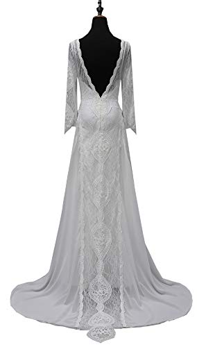 Image of Women's Beach Wedding Dresses for Bride 2022 Vintage Long Sleeves Lace Bohemian Bridal Gown